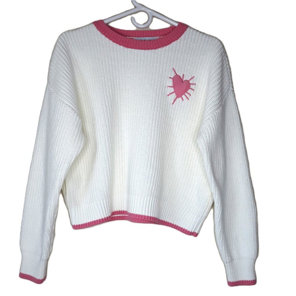 Kerri Rosenthal Off White & Pink Heart Crew Neck Sweater Coquette Preppy Scandi